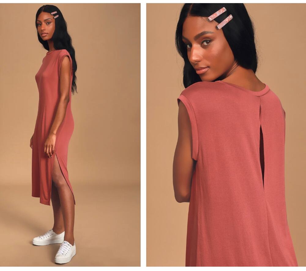 Lulus Moments Notice Open Back Terra Cotta Mauve Pink Midi Shift Dress S
